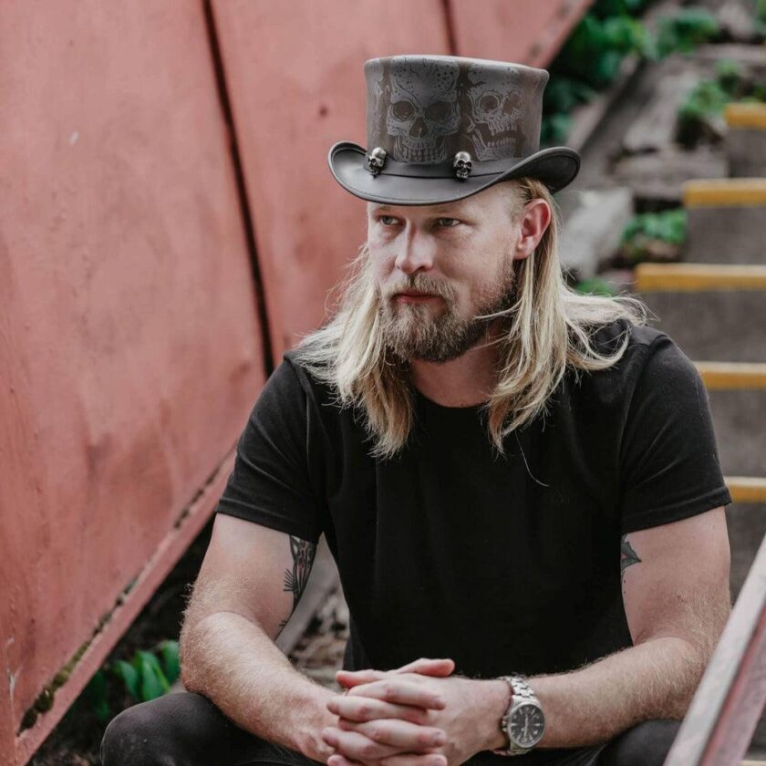 Silver Skull | Mens Leather Top Hat with Skull Hat Band - Image 3