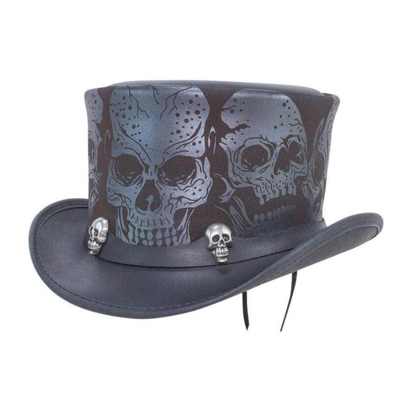 Silver Skull | Mens Leather Top Hat with Skull Hat Band - Image 2