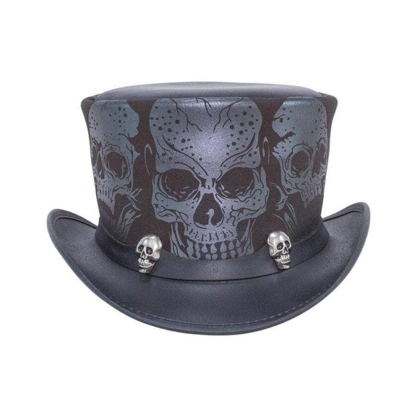 Silver Skull | Mens Leather Top Hat with Skull Hat Band - Image 4