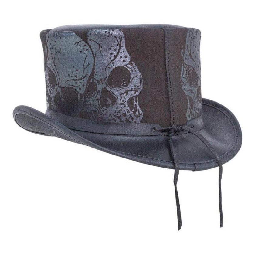 Silver Skull | Mens Leather Top Hat with Skull Hat Band - Image 8