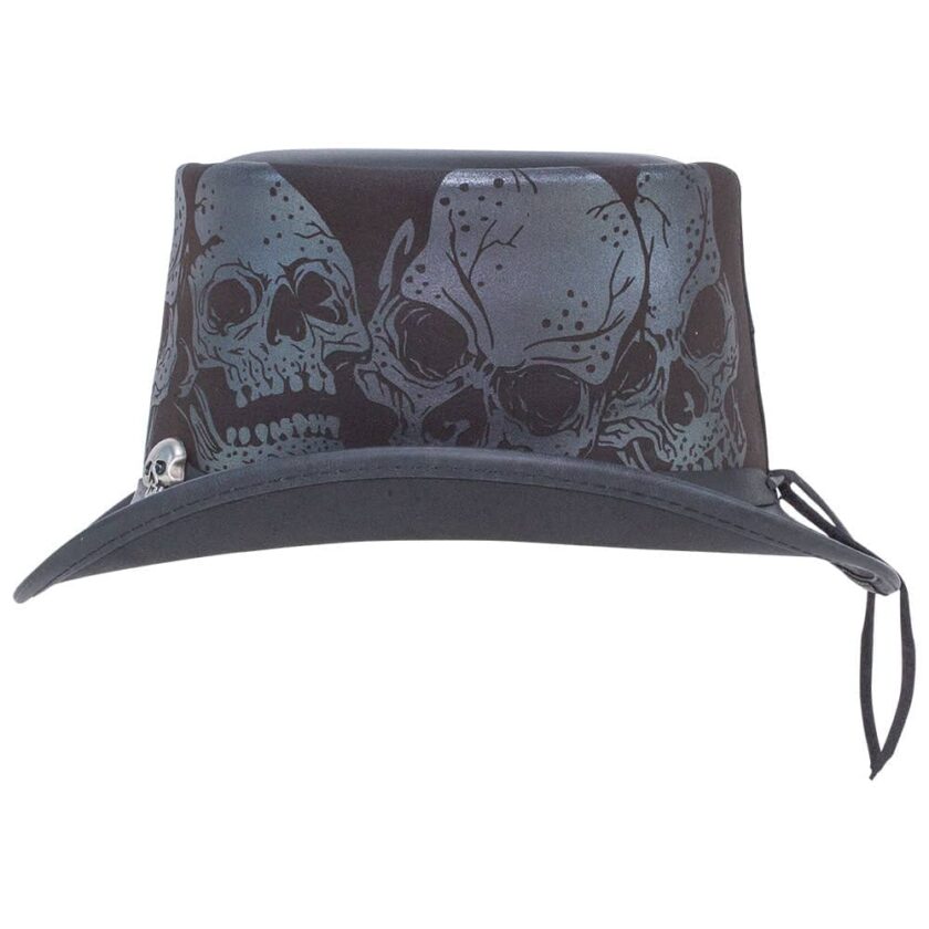 Silver Skull | Mens Leather Top Hat with Skull Hat Band - Image 6